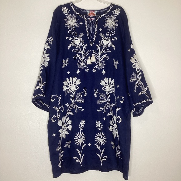 Johnny Was Navy Linen Kaftan Dress Flowers Bees Med - Picture 1 of 10
